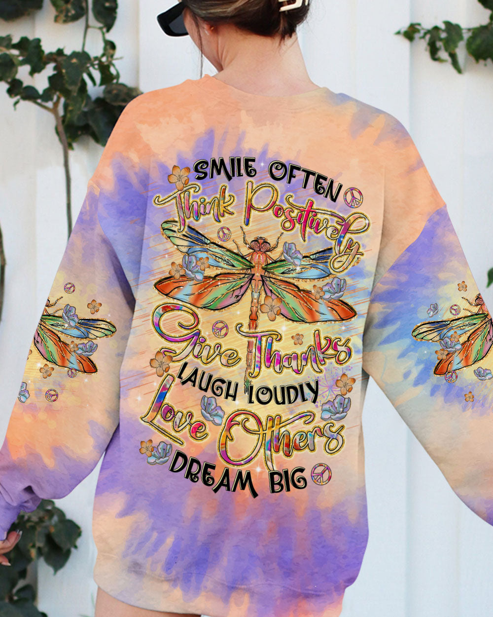 Smile Often Love Others Dragonfly Peace Sign Tie Dye Motivational AOP Shirts _3_ c7Dnl
