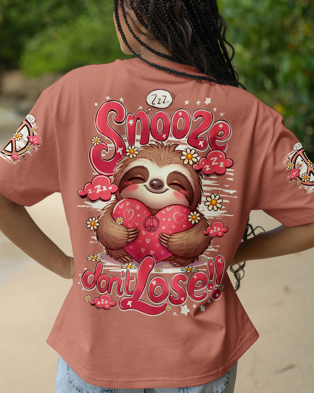 Snooze Dont Lose Sloth Cute Peaceful Sloth with Heart _26 Flowers Design AOP Shirts _12_ EirgX