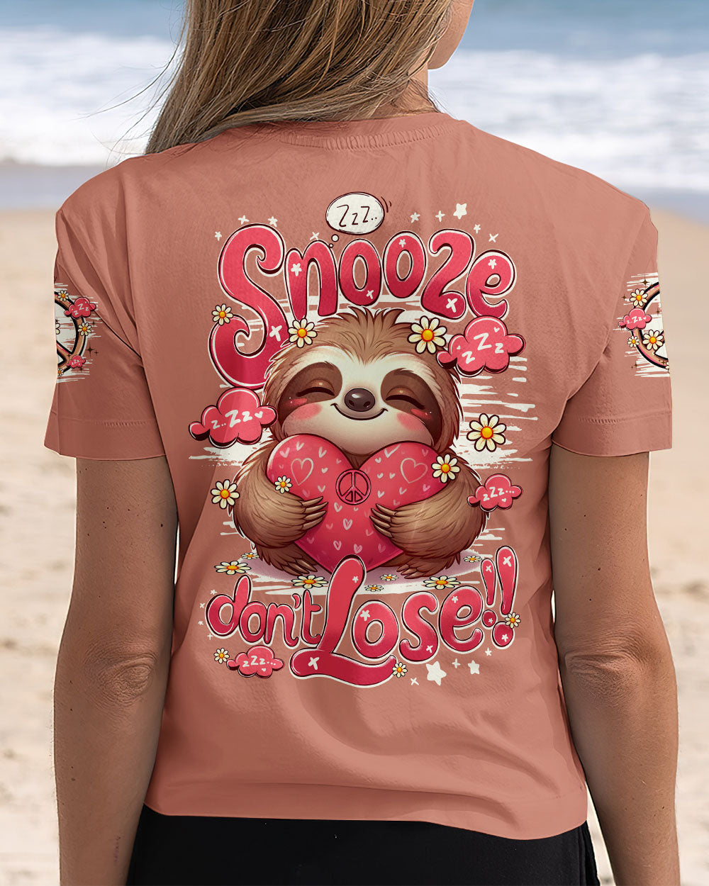 Snooze Dont Lose Sloth Cute Peaceful Sloth with Heart _26 Flowers Design AOP Shirts _3_ mmLSK