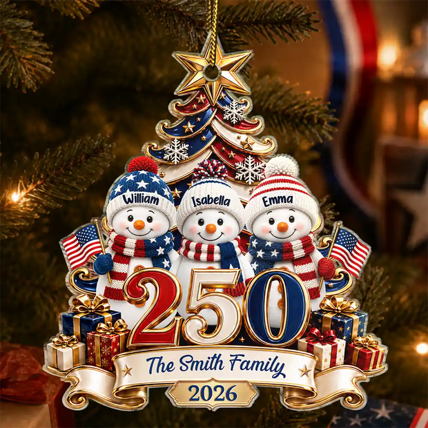 USA 250th Anniversary Snowman Christmas Keepsake Gift For Family - Personalized Acrylic Ornament