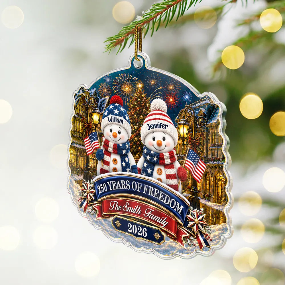 SnowmanFamily250YearsOfFreedomAnniversary PersonalizedCustomShapedAcrylicOrnament AT2326 NAH6237 MK 1