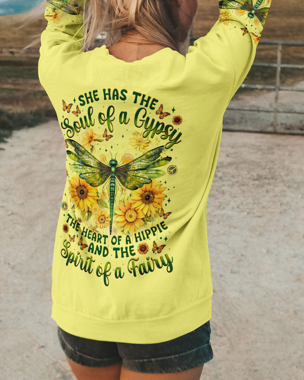 Soul of a Gypsy Heart of Hippie Spirit of Fairy Dragonfly Sunflower Graphic AOP Shirts _9_ y3jkT