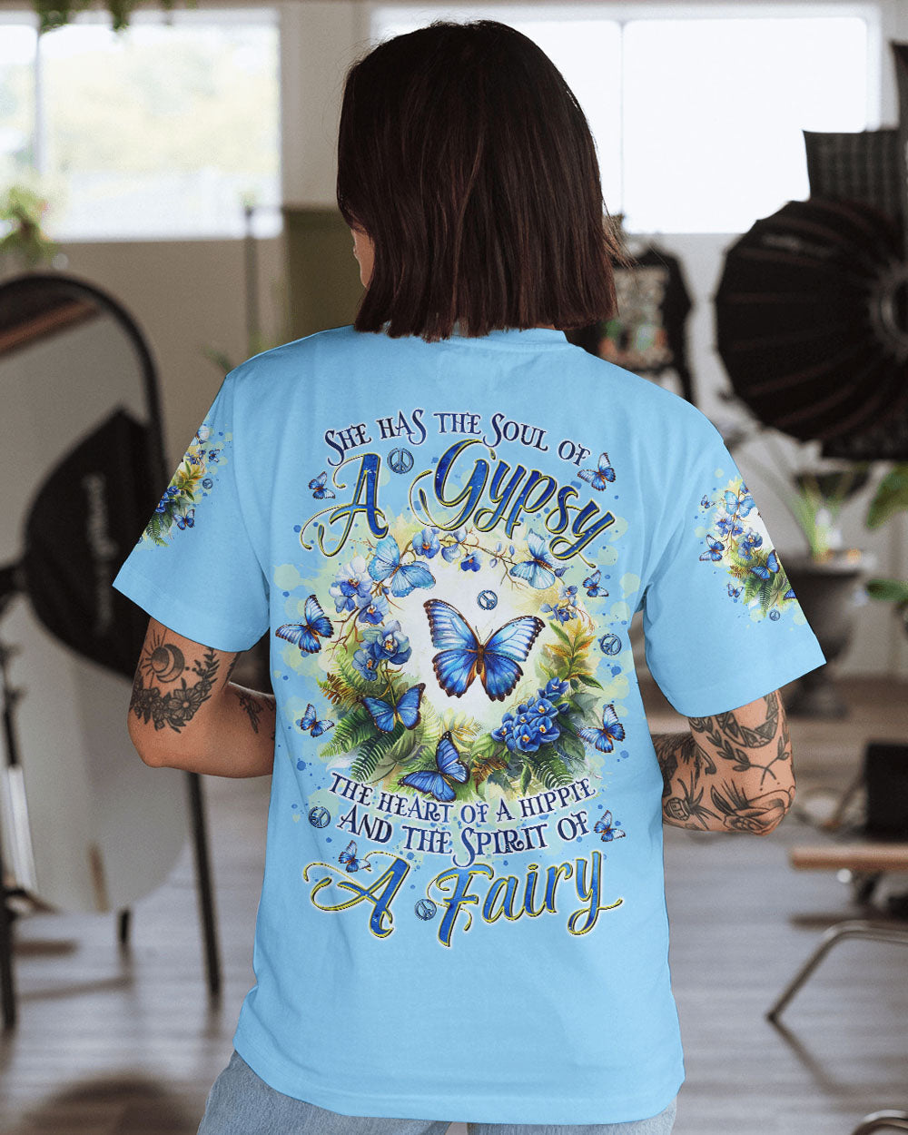 Soul of a Gypsy Heart of a Hippie Spirit of a Fairy Blue Butterfly Hippie AOP Shirts _1_ B2nRu