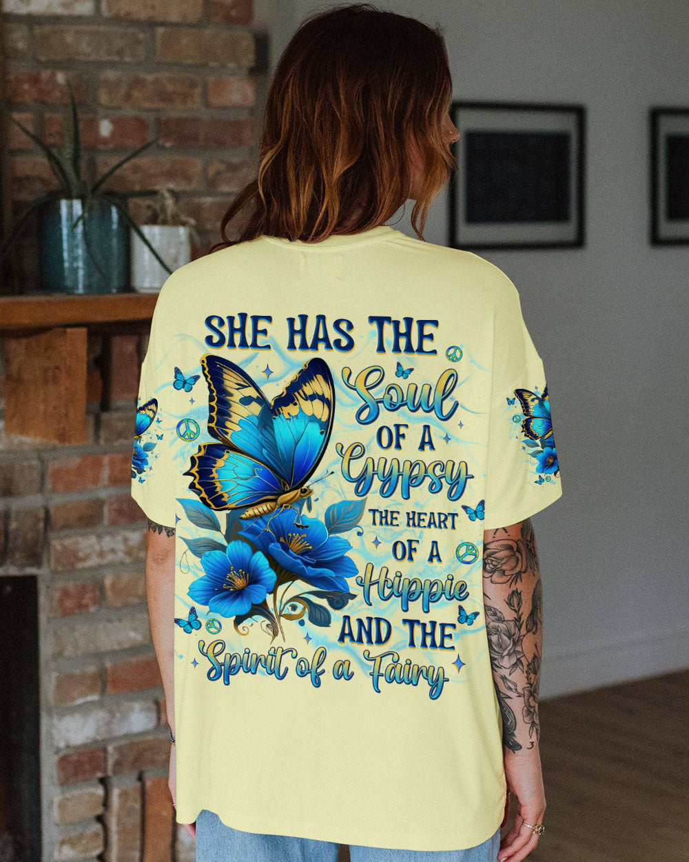 Soul of a Gypsy Heart of a Hippie Spirit of a Fairy Blue Floral Butterfly Graphic AOP Shirts _12_ 6uaOW