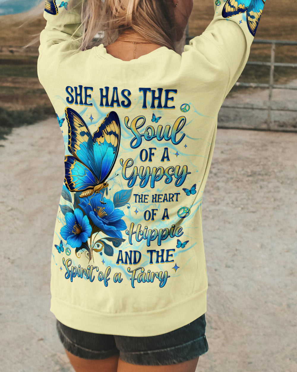 Soul of a Gypsy Heart of a Hippie Spirit of a Fairy Blue Floral Butterfly Graphic AOP Shirts _5_ 5A9jT