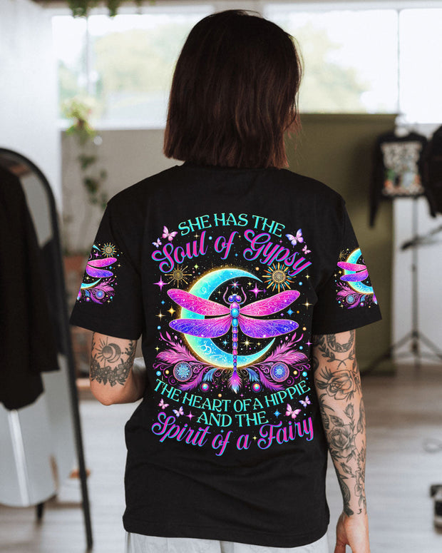Soul of a Gypsy Heart of a Hippie Spirit of a Fairy - Boho Moon and Dragonfly - AOP Shirts