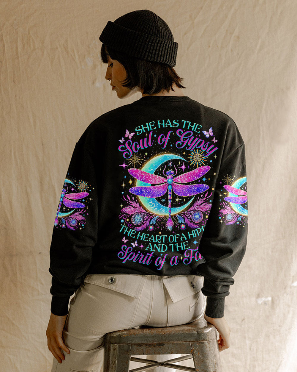 Soul of a Gypsy Heart of a Hippie Spirit of a Fairy Boho Moon and Dragonfly AOP Shirts _7_ tgz5x