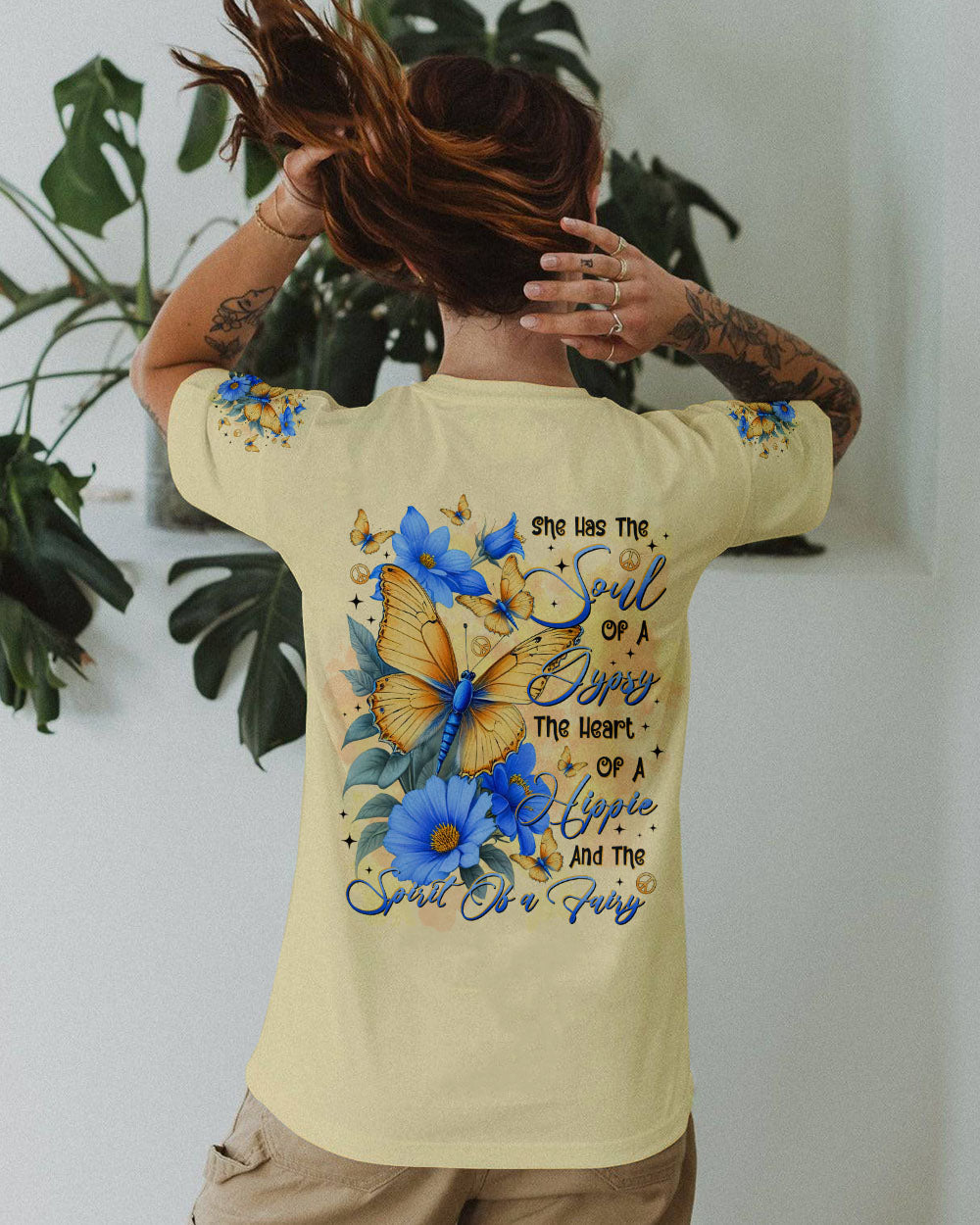 Soul of a Gypsy Heart of a Hippie Spirit of a Fairy Butterflies and Blue Flowers AOP Shirts _10_ pc6YC