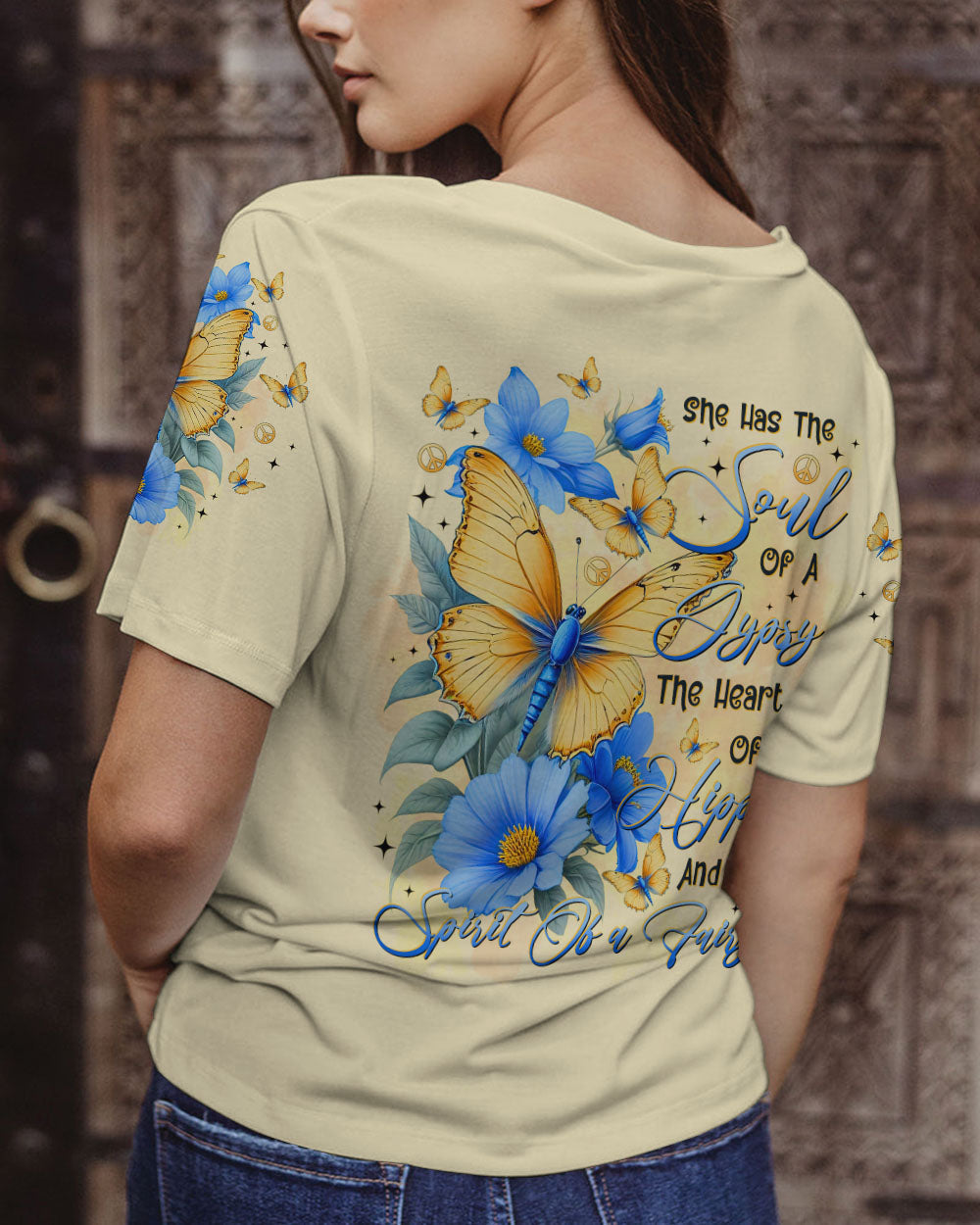 Soul of a Gypsy Heart of a Hippie Spirit of a Fairy Butterflies and Blue Flowers AOP Shirts _12_ Gd9ap