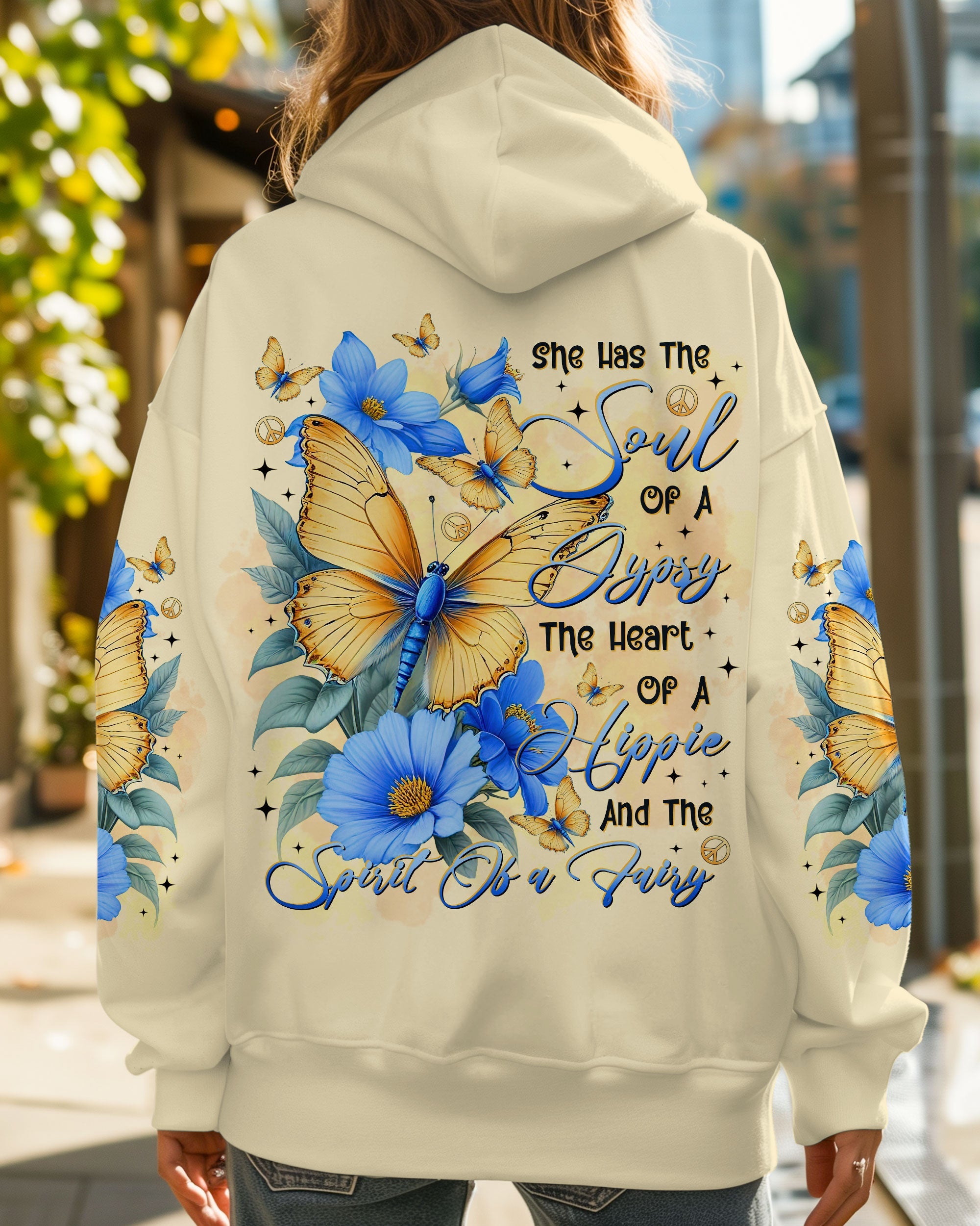 Soul of a Gypsy Heart of a Hippie Spirit of a Fairy Butterflies and Blue Flowers AOP Shirts _1_ UYIi2