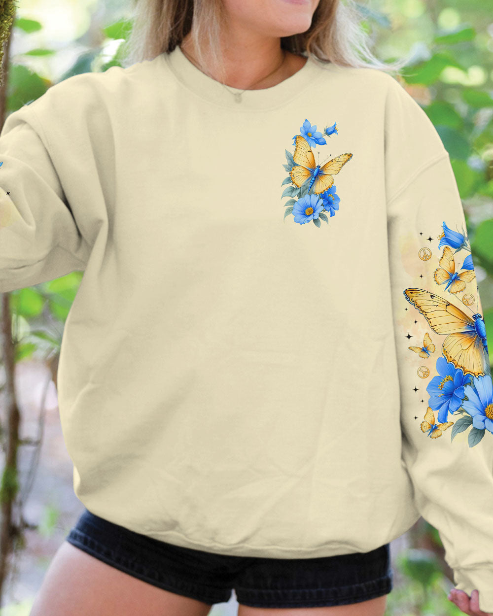 Soul of a Gypsy Heart of a Hippie Spirit of a Fairy Butterflies and Blue Flowers AOP Shirts _2_ 1Q9Wr