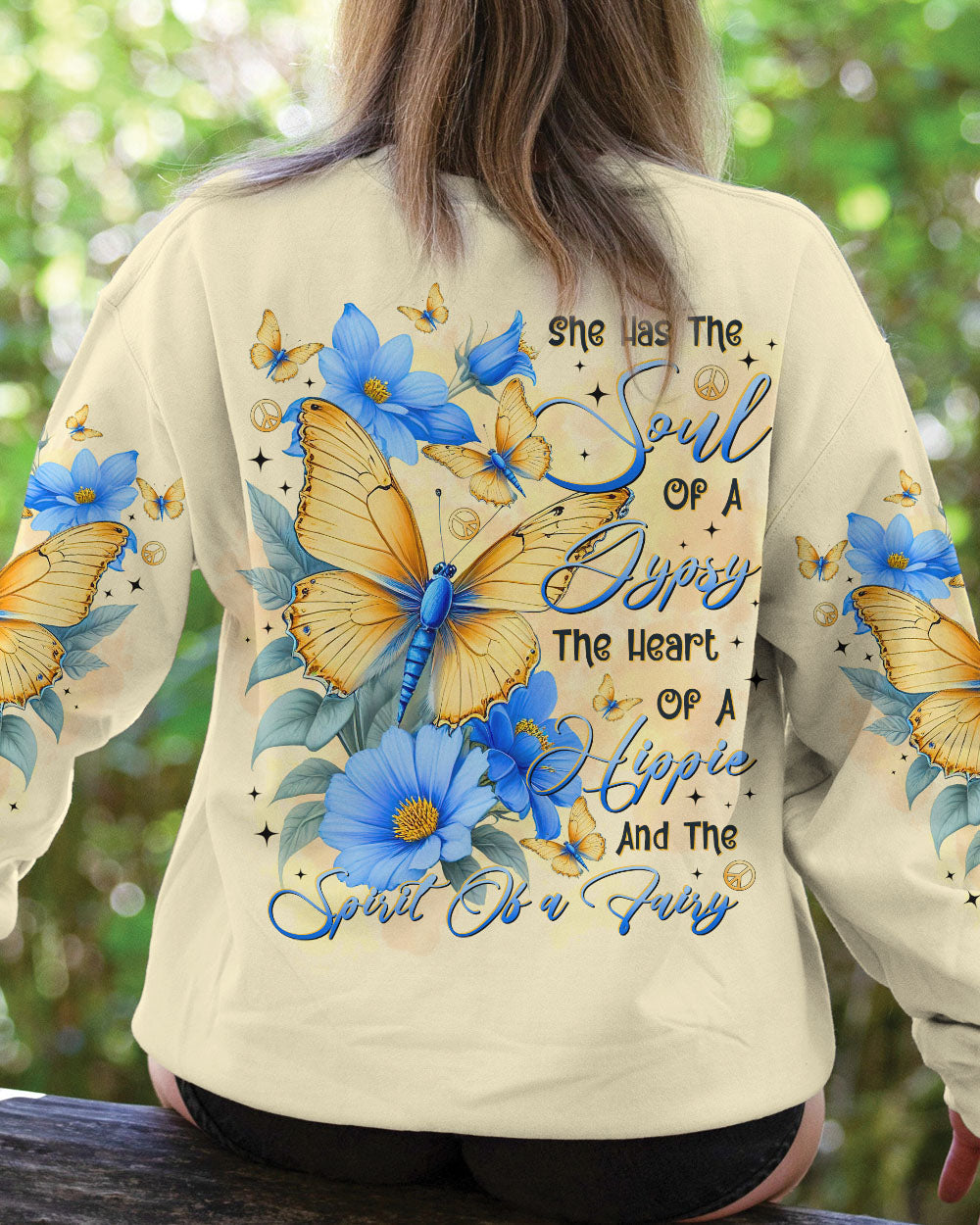 Soul of a Gypsy Heart of a Hippie Spirit of a Fairy Butterflies and Blue Flowers AOP Shirts _3_ YKWsr