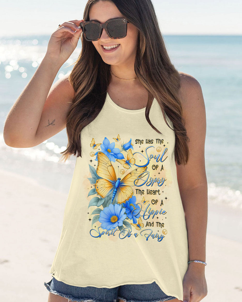 Soul of a Gypsy Heart of a Hippie Spirit of a Fairy Butterflies and Blue Flowers AOP Shirts _5_ Nl7GT