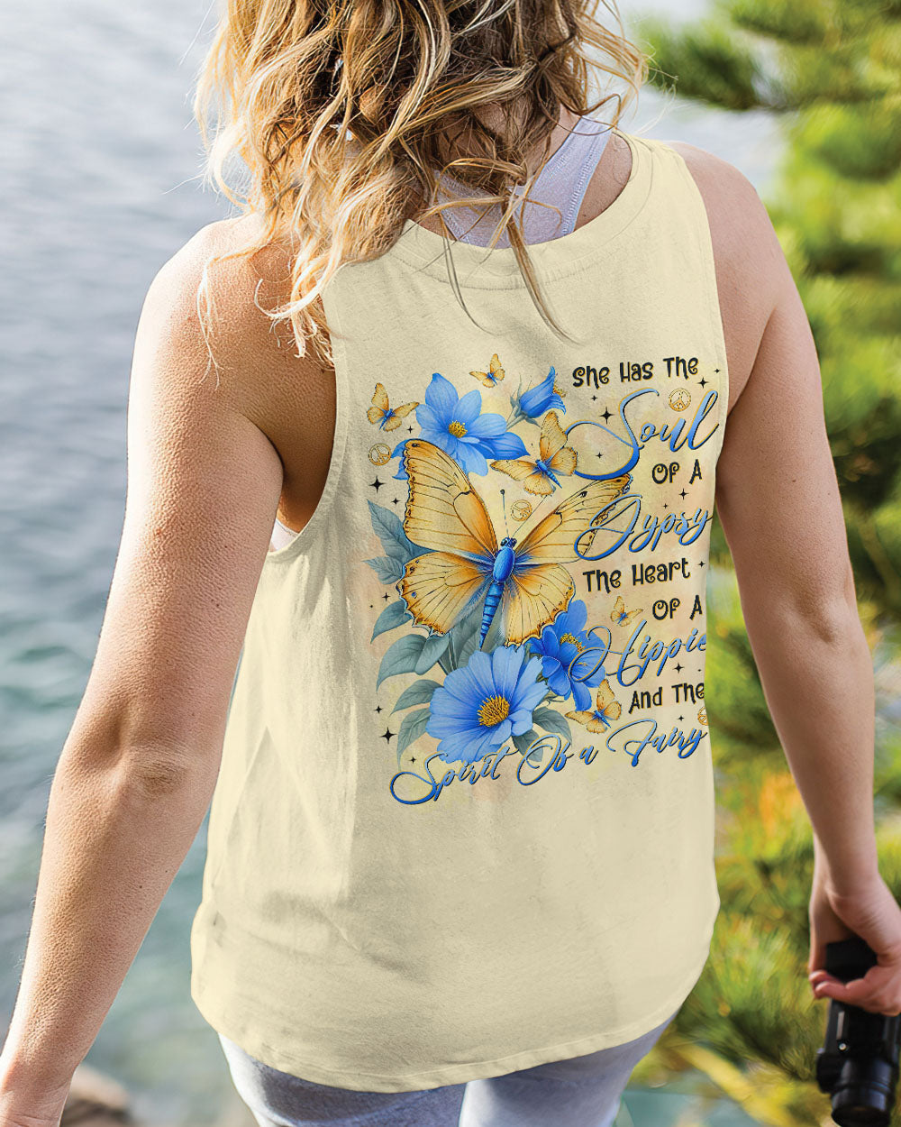 Soul of a Gypsy Heart of a Hippie Spirit of a Fairy Butterflies and Blue Flowers AOP Shirts _7_ 7Qjco
