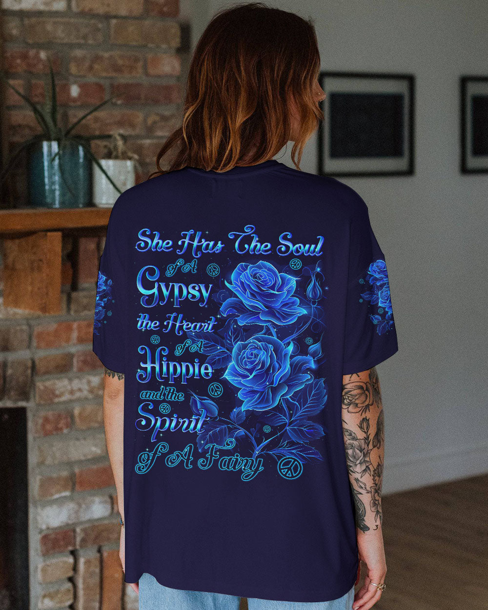 Soul of a Gypsy Heart of a Hippie Spirit of a Fairy Floral Blue Rose AOP Shirts _3_ YM9pd