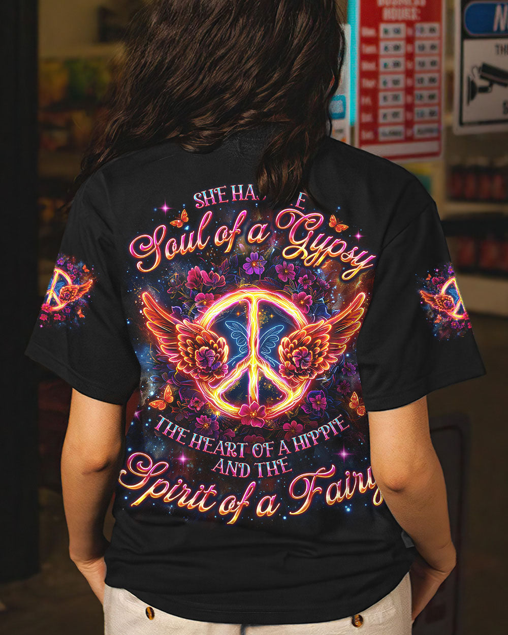Soul of a Gypsy Heart of a Hippie Spirit of a Fairy Hippie Peace Sign and Floral AOP Shirts _1_ tU7c2
