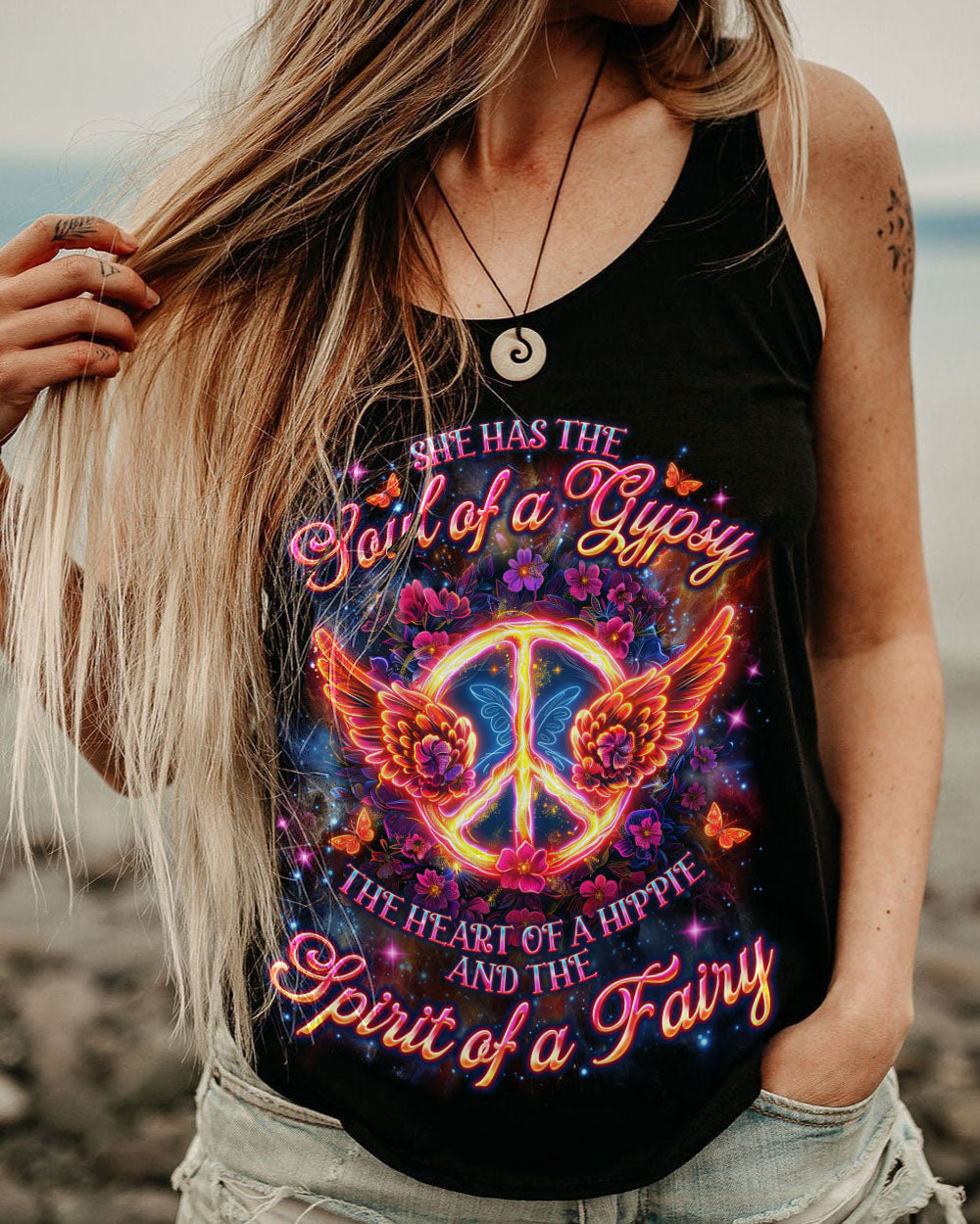 Soul of a Gypsy Heart of a Hippie Spirit of a Fairy Hippie Peace Sign and Floral AOP Shirts _9_ X5ZGk