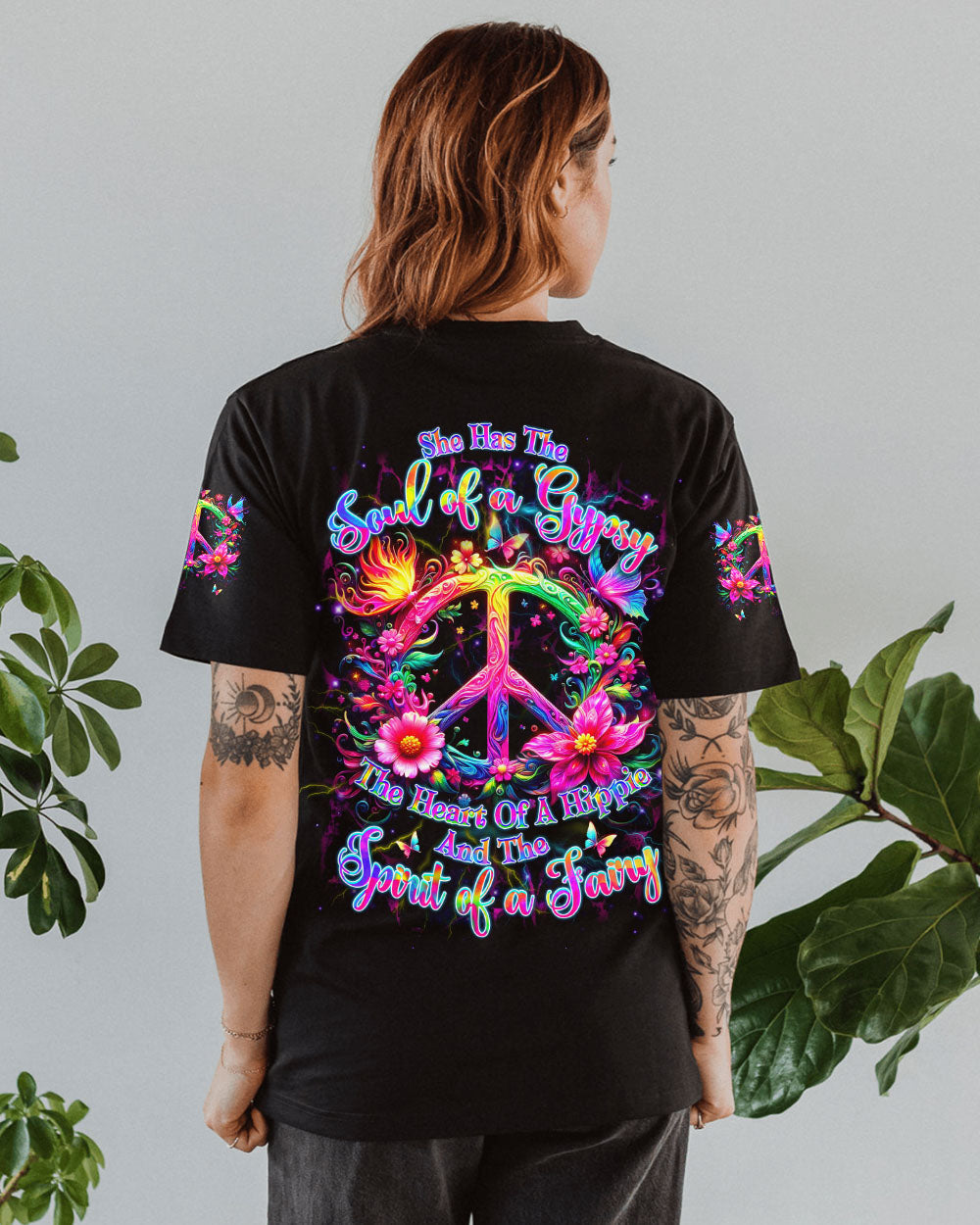 Soul of a Gypsy Heart of a Hippie Spirit of a Fairy Neon Flowers Peace Symbol AOP Shirts _10_ 37UAg