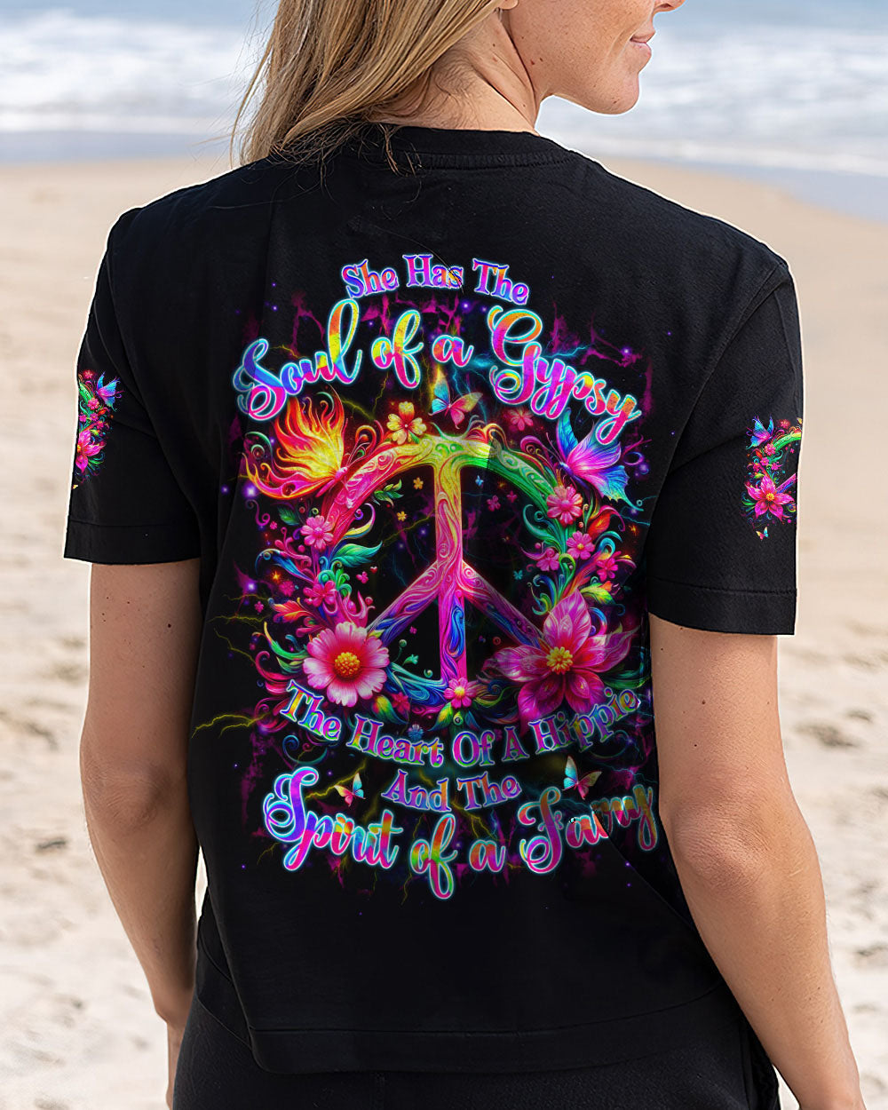 Soul of a Gypsy Heart of a Hippie Spirit of a Fairy Neon Flowers Peace Symbol AOP Shirts _12_ FoXWS
