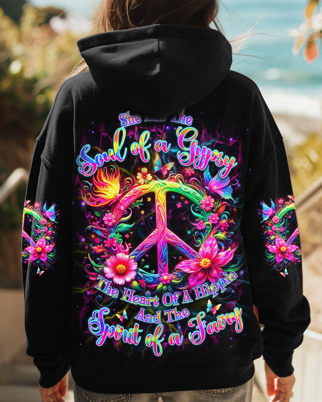 Soul of a Gypsy Heart of a Hippie Spirit of a Fairy Neon Flowers Peace Symbol AOP Shirts _1_ w4R79