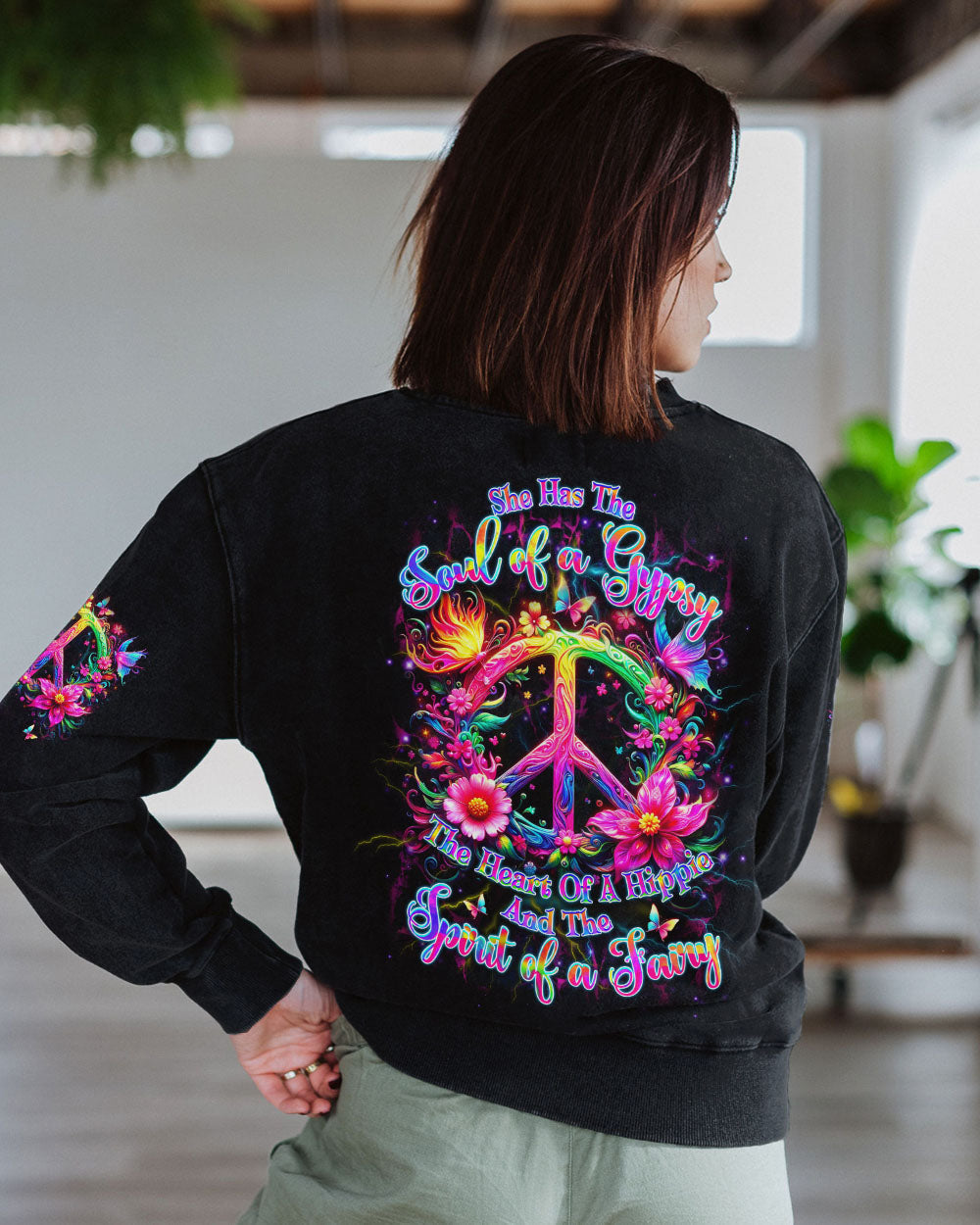 Soul of a Gypsy Heart of a Hippie Spirit of a Fairy Neon Flowers Peace Symbol AOP Shirts _3_ AYGW4