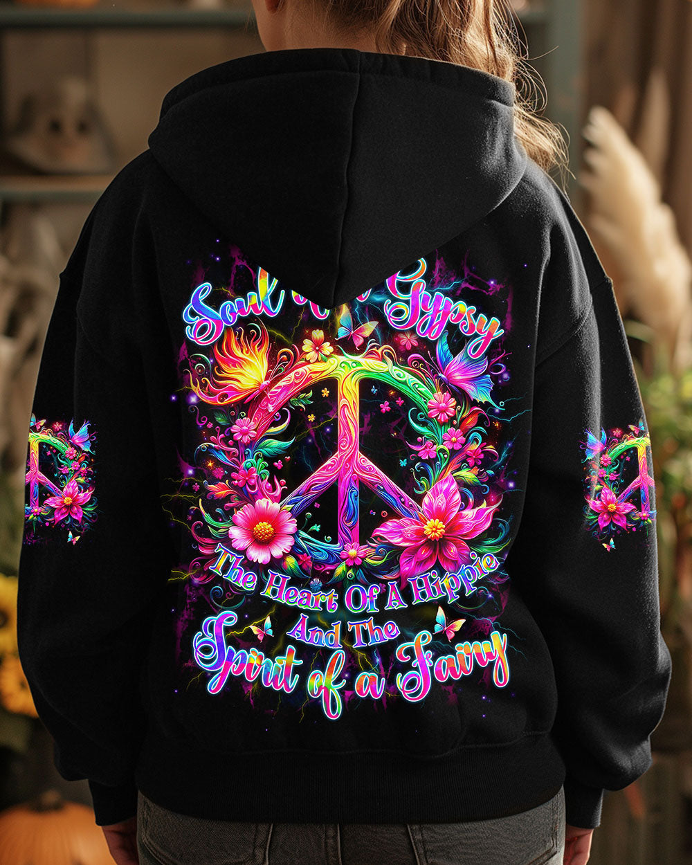 Soul of a Gypsy Heart of a Hippie Spirit of a Fairy Neon Flowers Peace Symbol AOP Shirts _8_ D4rVl