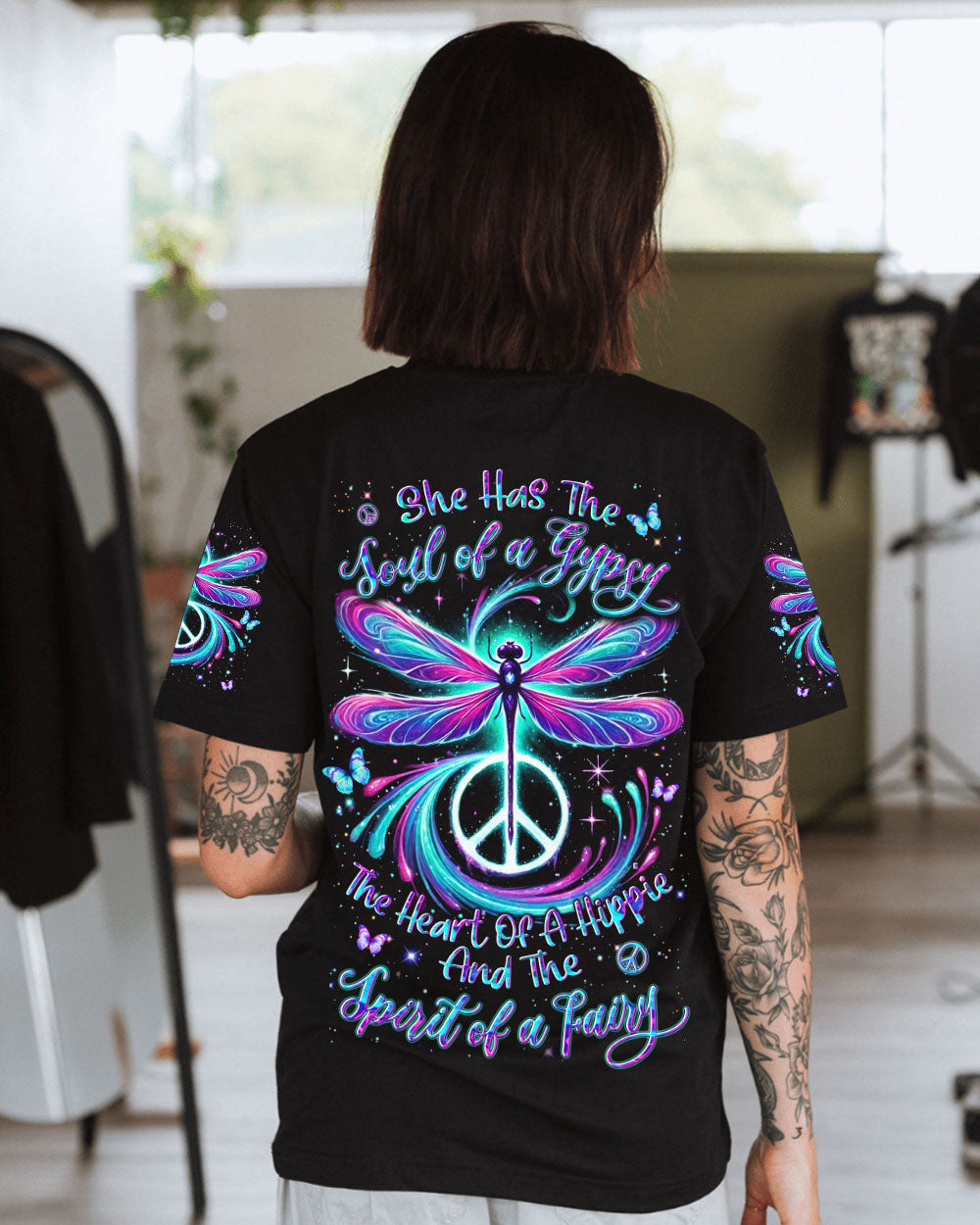 Soul of a Gypsy Heart of a Hippie Spirit of a Fairy Neon Peace Sign AOP Shirts _10_ iMlH0
