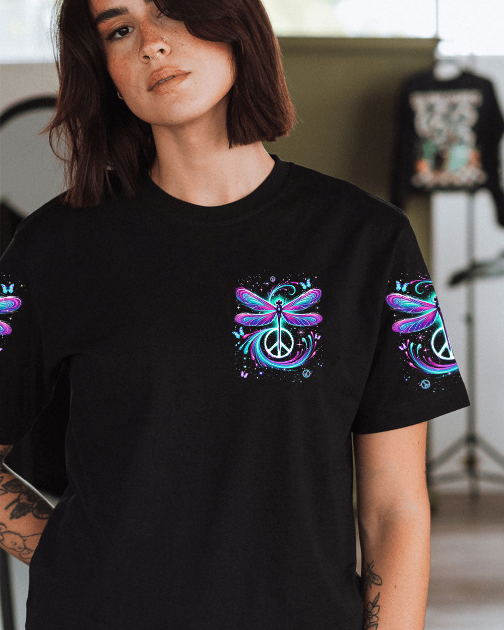 Soul of a Gypsy Heart of a Hippie Spirit of a Fairy Neon Peace Sign AOP Shirts _9_ vKoII