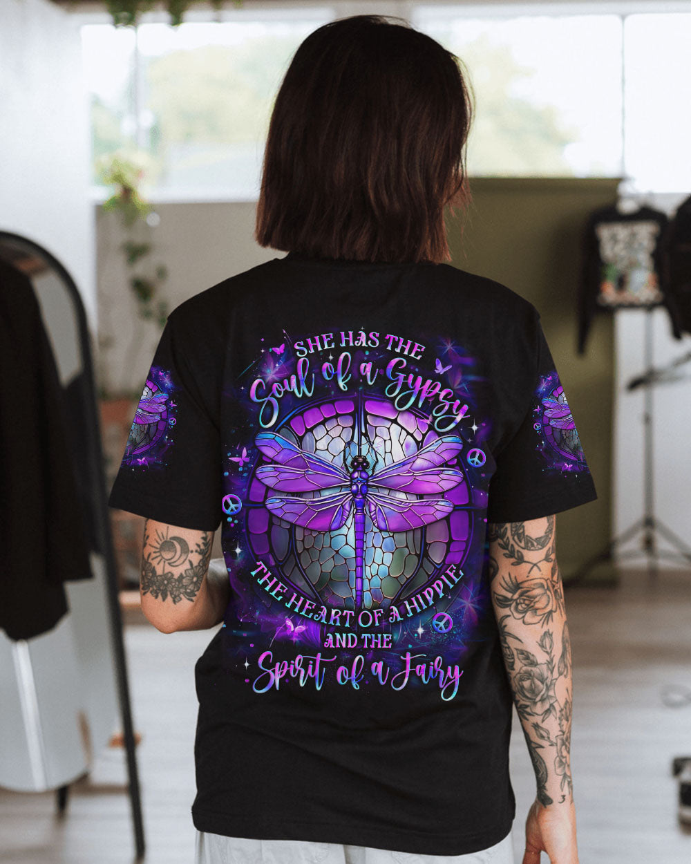Soul of a Gypsy Heart of a Hippie Spirit of a Fairy Purple Dragonfly Magical AOP Shirts _11_ BZndT
