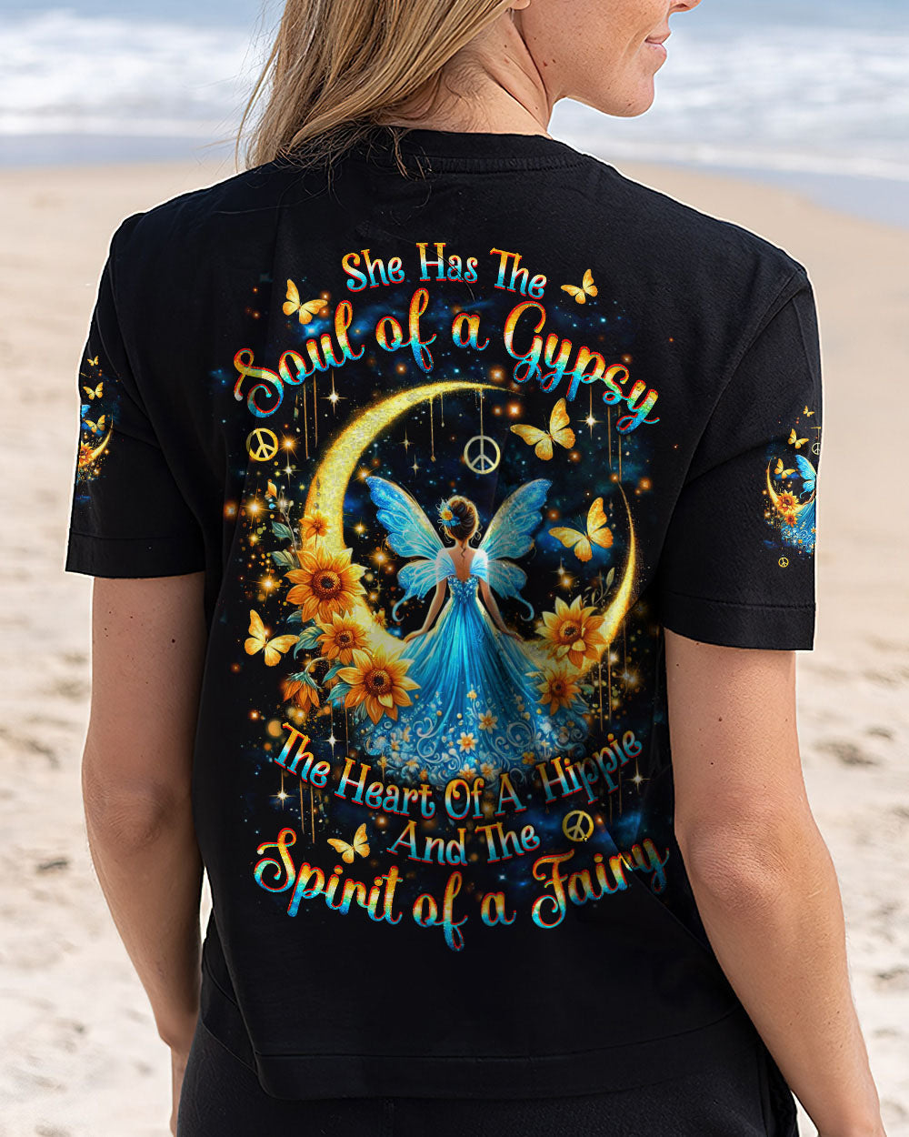Soul of a Gypsy Heart of a Hippie Spirit of a Fairy Sunflowers Peace Signs AOP Shirts _12_ S9EuC