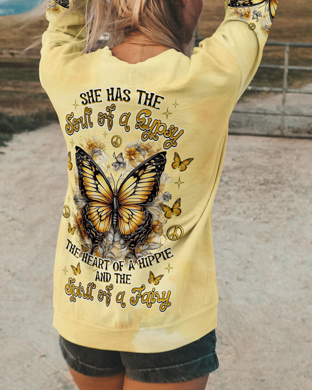 Soul of a Gypsy Heart of a Hippie Spirit of a Fairy Yellow Boho Butterfly AOP Shirts _10_ TtBGJ