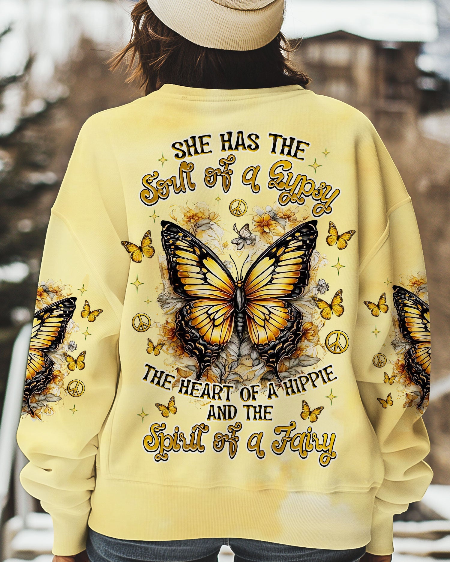Soul of a Gypsy Heart of a Hippie Spirit of a Fairy Yellow Boho Butterfly AOP Shirts _5_ KJLZr