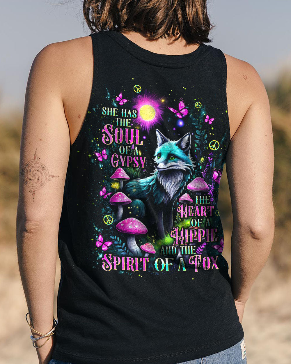 Soul of a Gypsy Heart of a Hippie Spirit of a Fox Fox with Peace _26 Mushroom Design AOP Shirts _11_ YmAbk