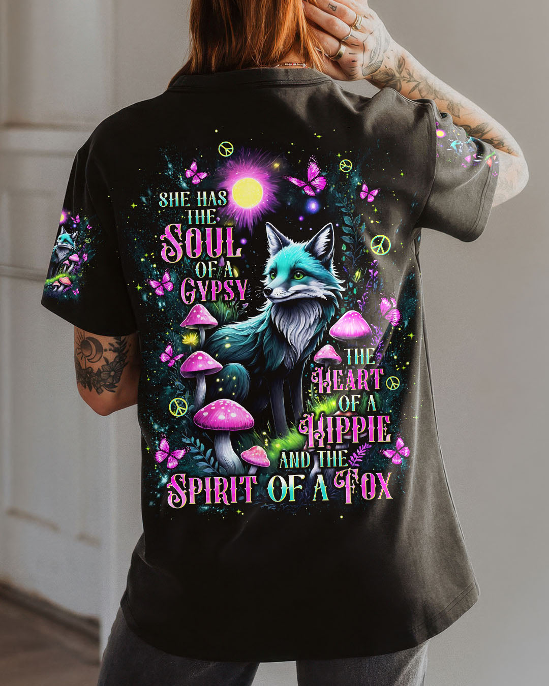 Soul of a Gypsy Heart of a Hippie Spirit of a Fox Fox with Peace _26 Mushroom Design AOP Shirts _12_ o3PYp