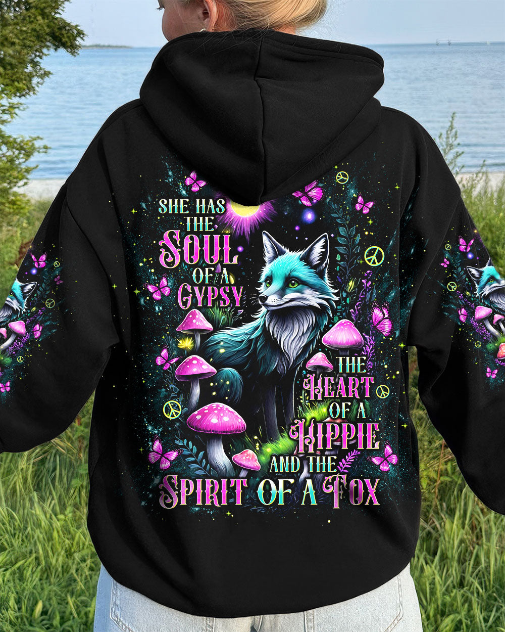 Soul of a Gypsy Heart of a Hippie Spirit of a Fox Fox with Peace _26 Mushroom Design AOP Shirts _14_ OQA6b