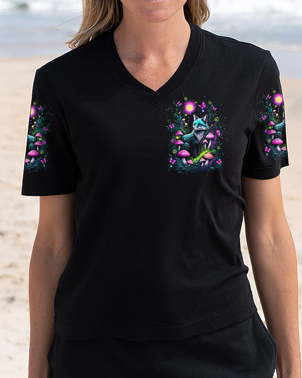 Soul of a Gypsy Heart of a Hippie Spirit of a Fox Fox with Peace _26 Mushroom Design AOP Shirts _2_ tmtuJ