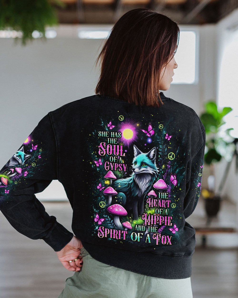 Soul of a Gypsy Heart of a Hippie Spirit of a Fox Fox with Peace _26 Mushroom Design AOP Shirts _7_ QWRCh