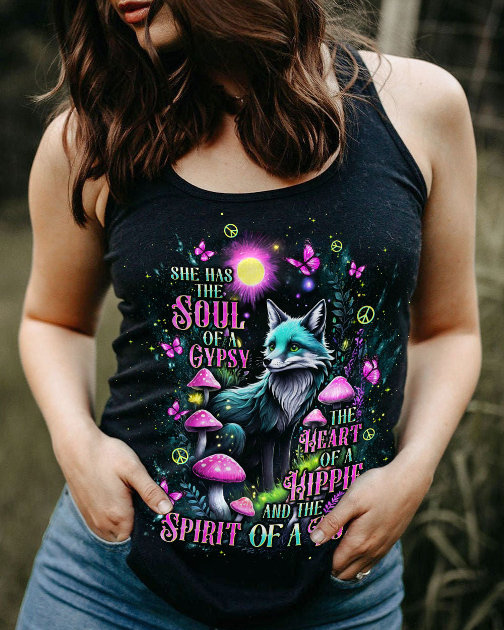 Soul of a Gypsy Heart of a Hippie Spirit of a Fox Fox with Peace _26 Mushroom Design AOP Shirts _9_ 19VEc