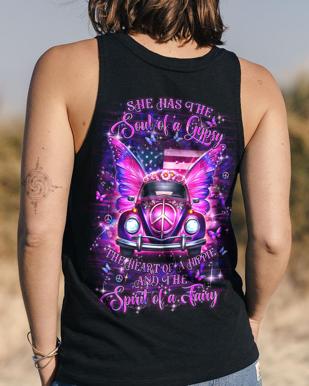 Soul of a Gypsy the Heart of a Hippie Spirit of a Fairy Pink VW Butterfly Car Graphic AOP Shirts _13_ ohmmi