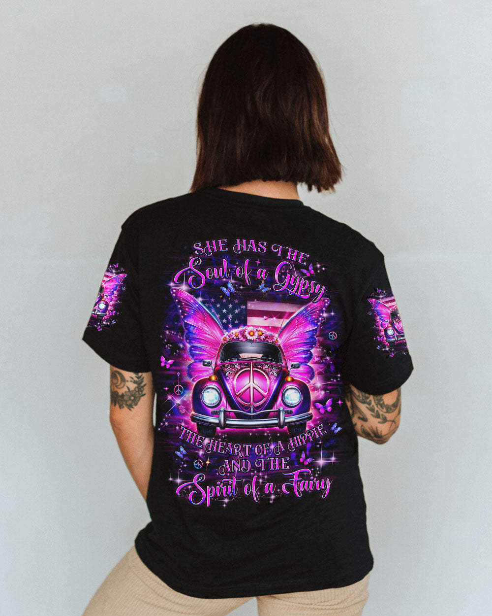 Soul of a Gypsy the Heart of a Hippie Spirit of a Fairy Pink VW Butterfly Car Graphic AOP Shirts _1_ d2LKX