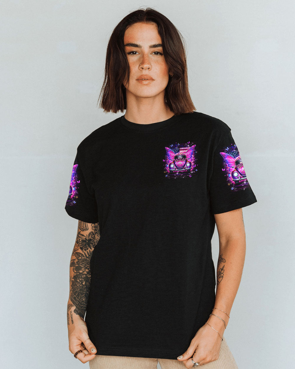 Soul of a Gypsy the Heart of a Hippie Spirit of a Fairy Pink VW Butterfly Car Graphic AOP Shirts _2_ YYSTn