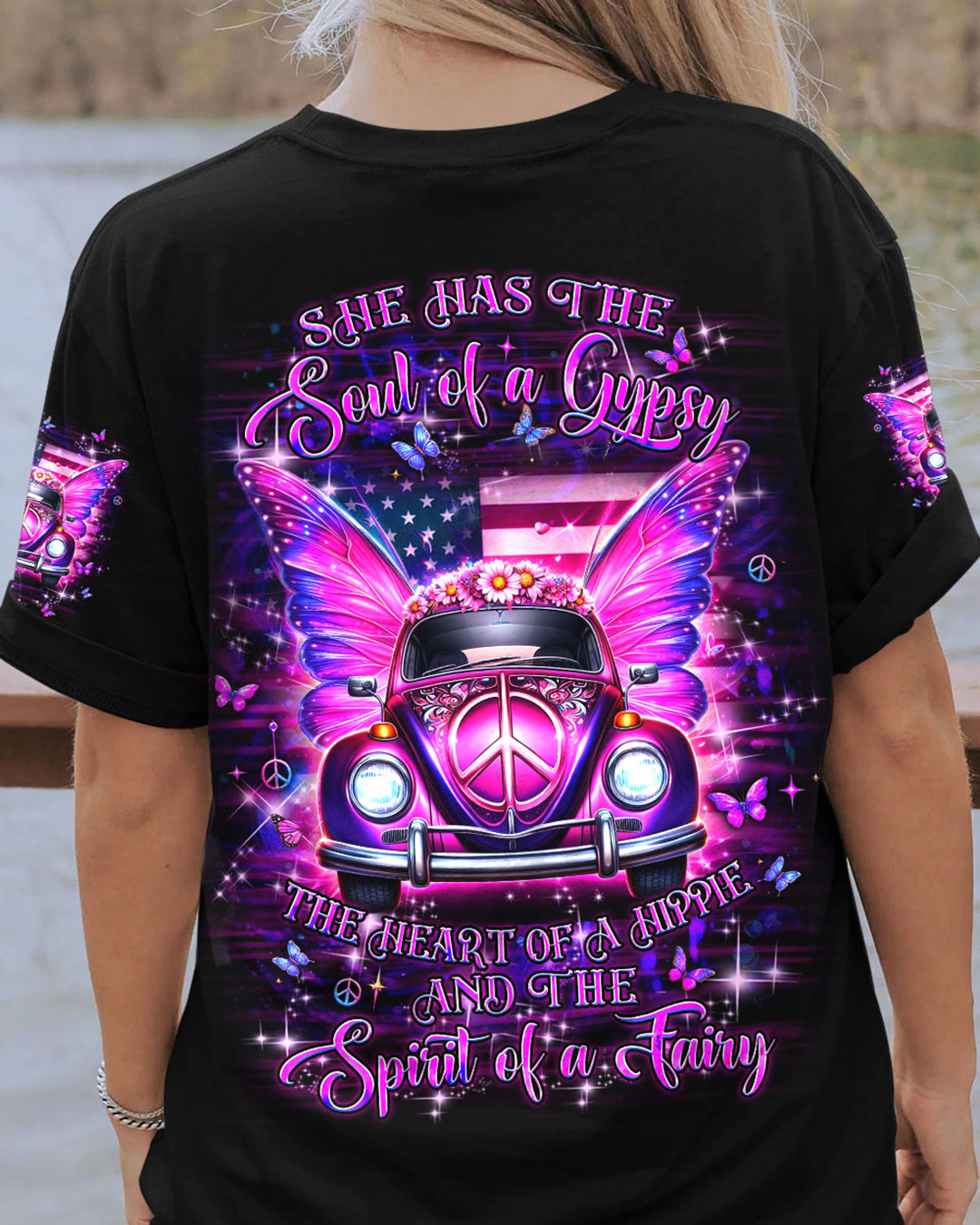 Soul of a Gypsy the Heart of a Hippie Spirit of a Fairy Pink VW Butterfly Car Graphic AOP Shirts _3_ x3i95