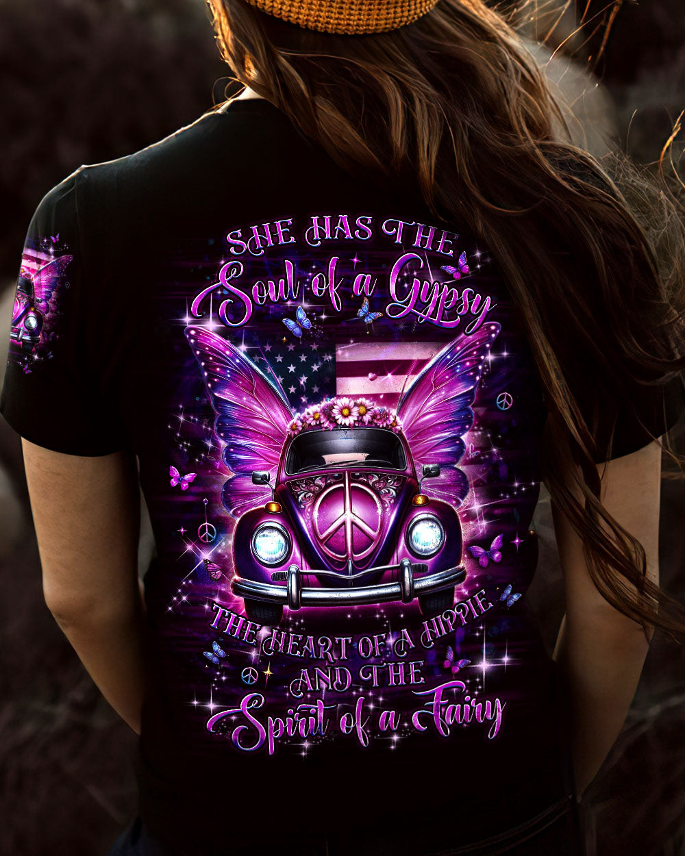 Soul of a Gypsy the Heart of a Hippie Spirit of a Fairy Pink VW Butterfly Car Graphic AOP Shirts _5_ gRu13