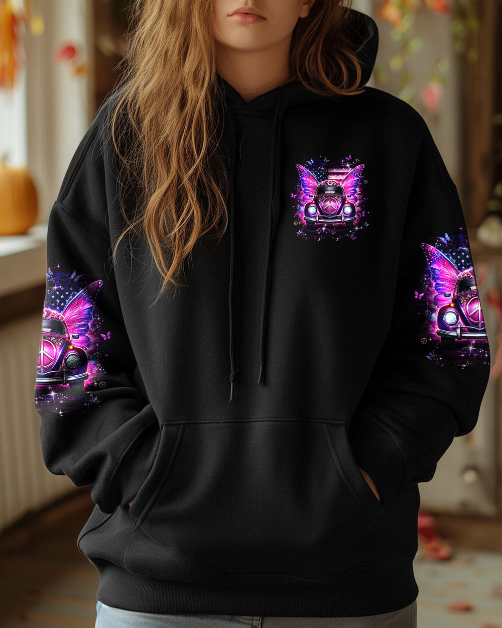 Soul of a Gypsy the Heart of a Hippie Spirit of a Fairy Pink VW Butterfly Car Graphic AOP Shirts _6_ ECUdt