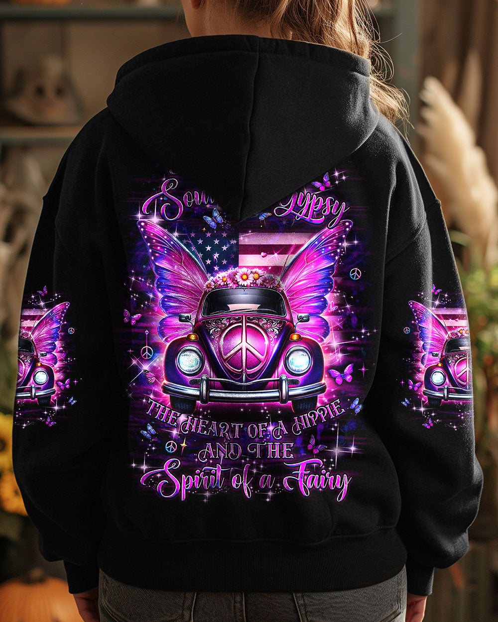 Soul of a Gypsy the Heart of a Hippie Spirit of a Fairy Pink VW Butterfly Car Graphic AOP Shirts _7_ Wskjd