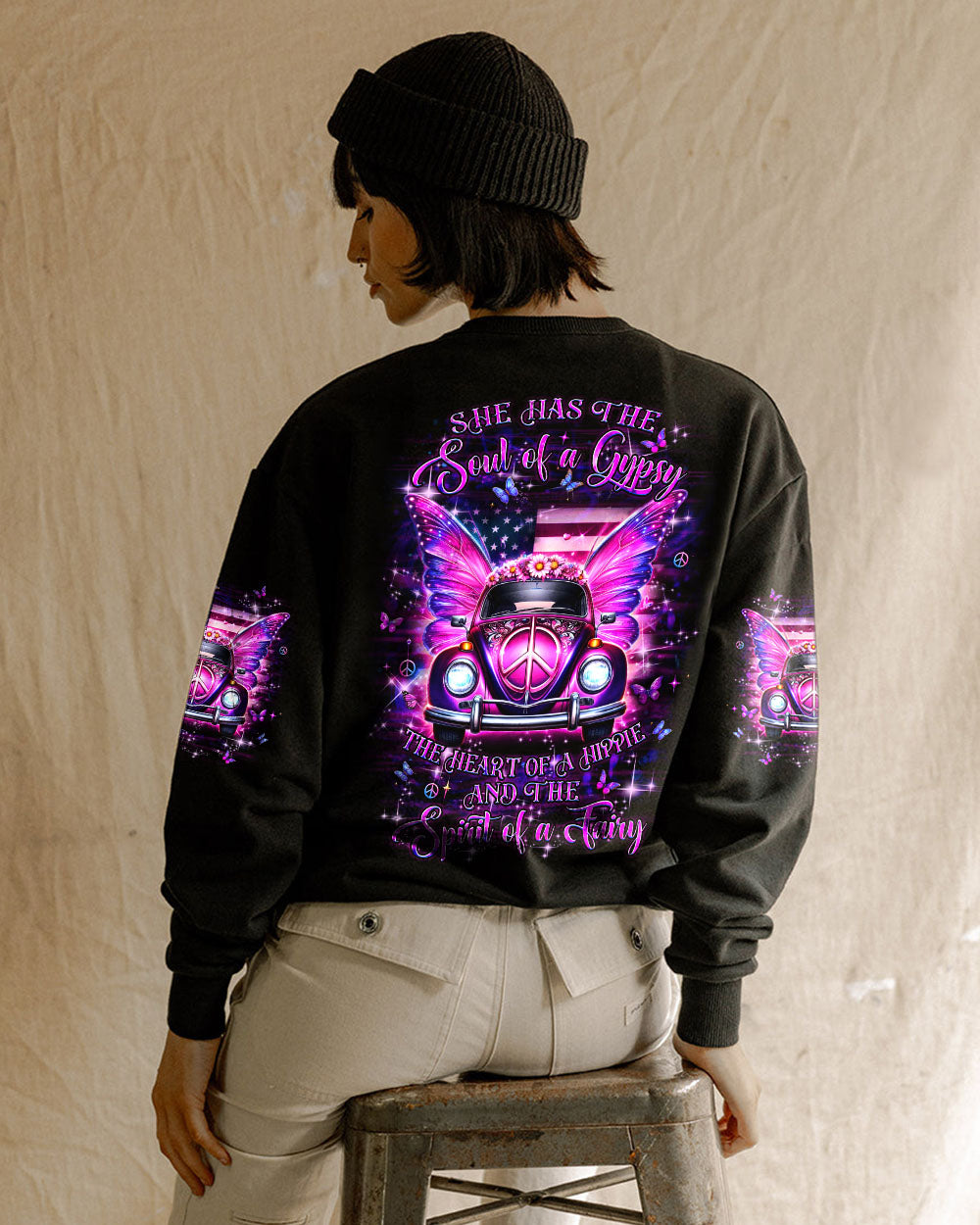 Soul of a Gypsy the Heart of a Hippie Spirit of a Fairy Pink VW Butterfly Car Graphic AOP Shirts _9_ eXAcp