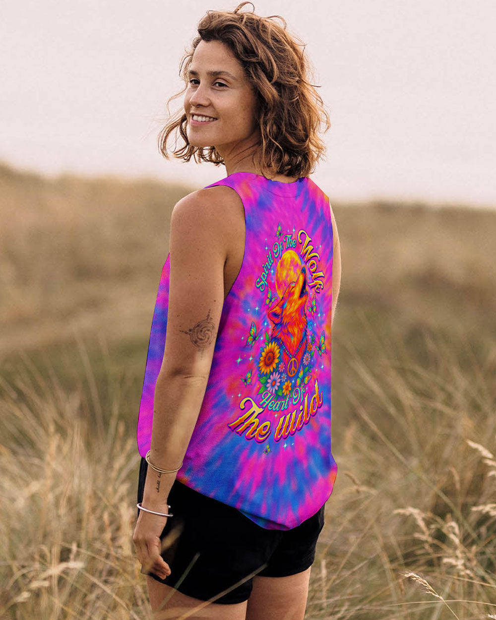 Spirit of the Wolf Heart of the Wild Tie Dye Wolf with Peace _26 Flower AOP Shirts _8_ 7rsaM