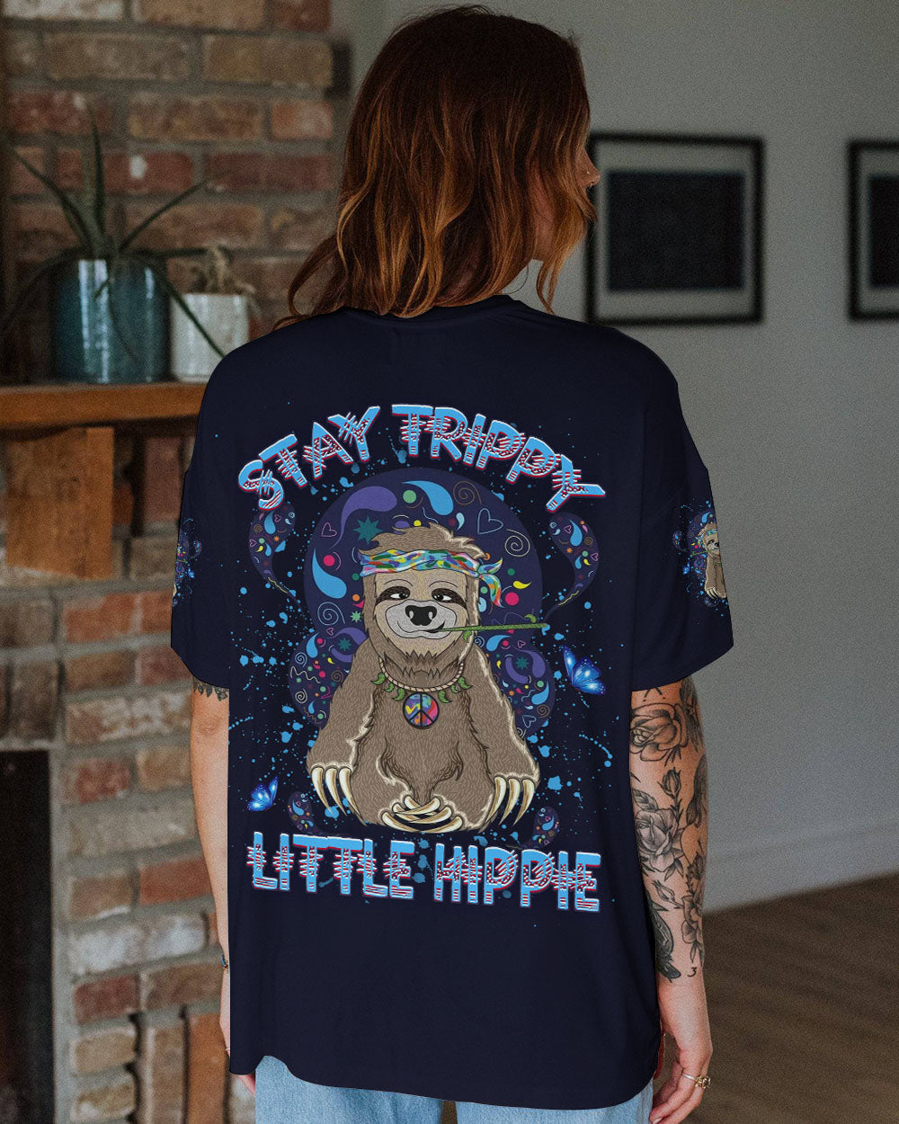 Stay Trippy Little Hippie Funny Psychedelic Sloth Peace Sign AOP Shirts _11_ PFuXk