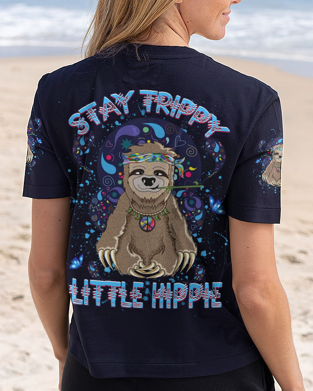 Stay Trippy Little Hippie Funny Psychedelic Sloth Peace Sign AOP Shirts _13_ e71Nq