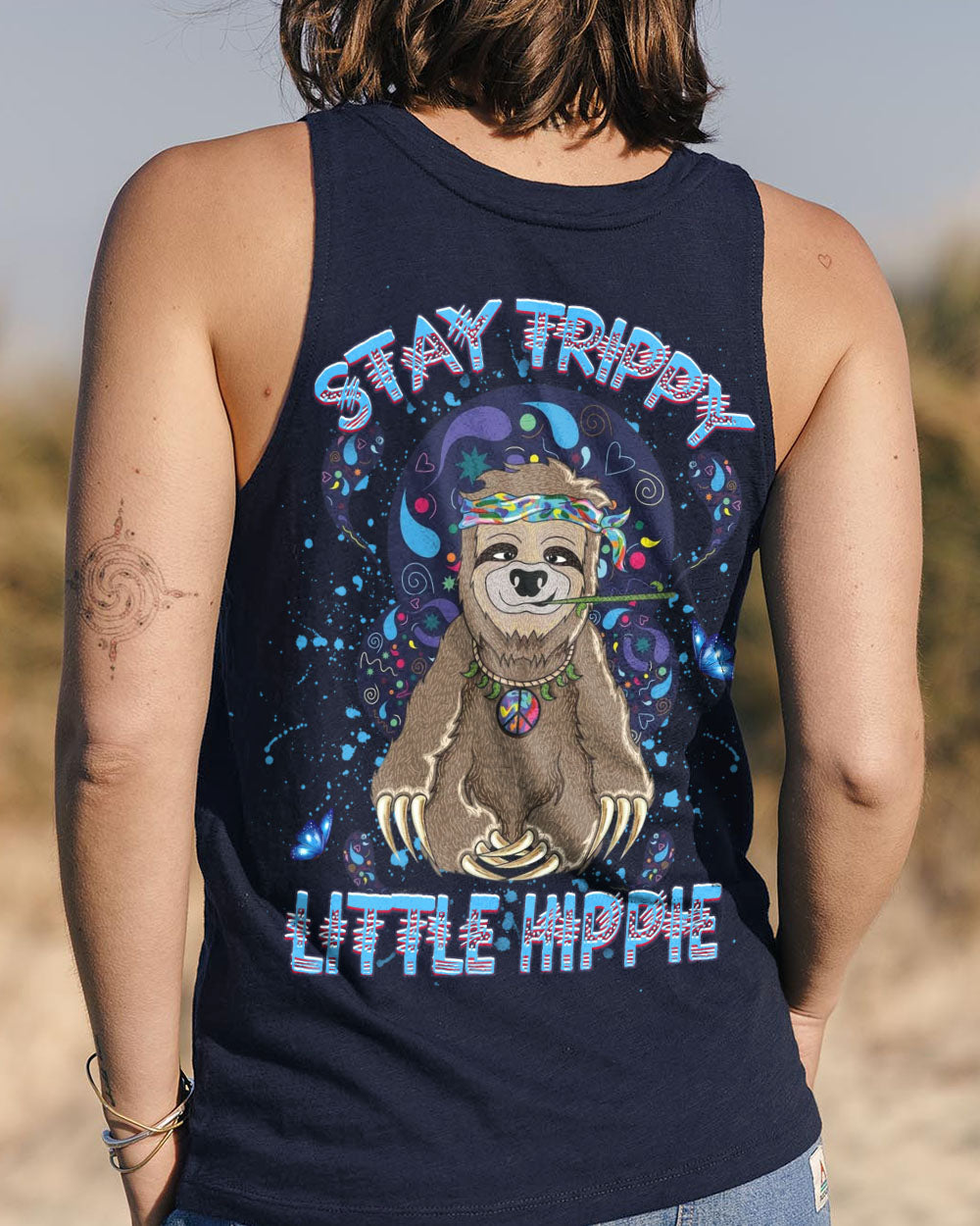 Stay Trippy Little Hippie Funny Psychedelic Sloth Peace Sign AOP Shirts _7_ OStc8